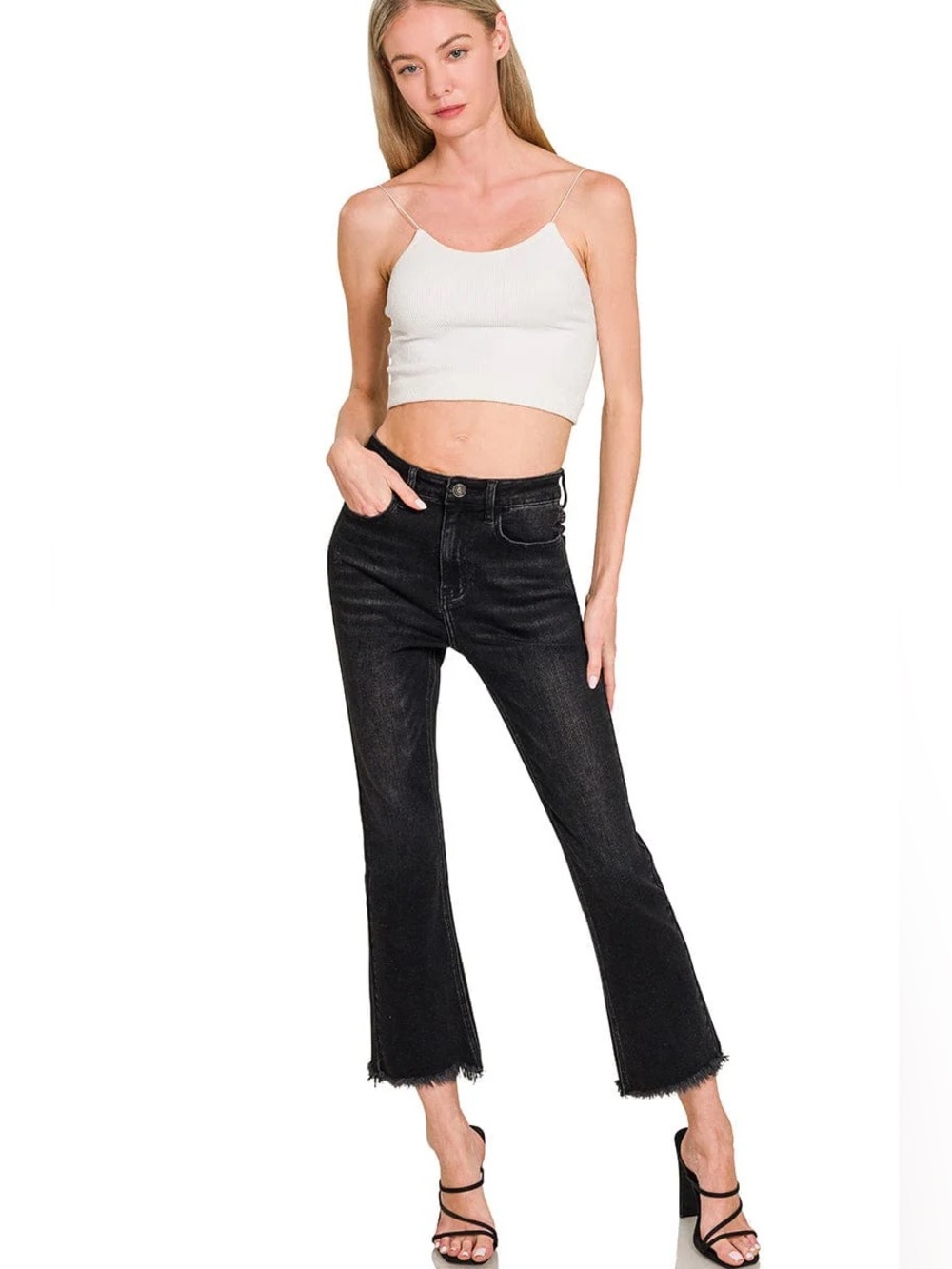 NWT ZENANA Black High Rise Straight Cropped Raw Hem Stretch Denim Jeans